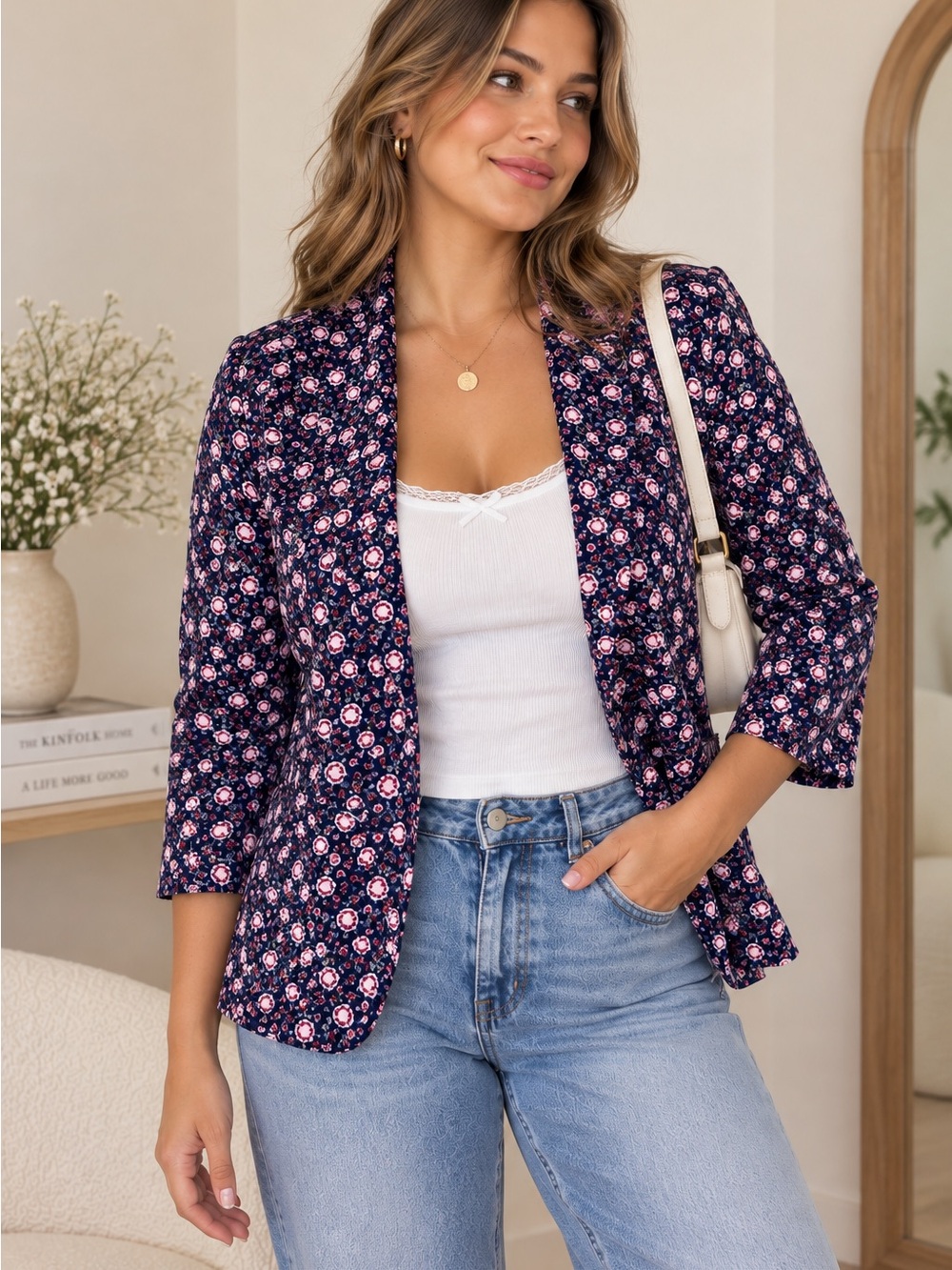 LC Lauren Conrad Floral Blazer L Navy Pink Coquette Cottagecore